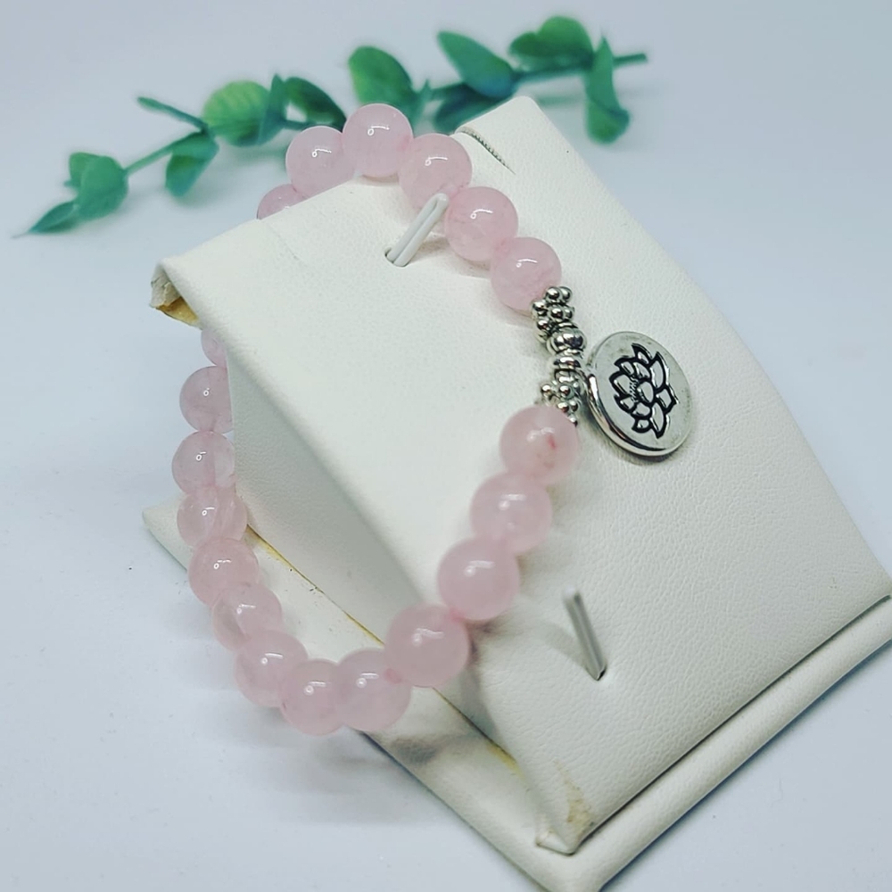Rose Quartz beaded bracelet Lotus charm ✨